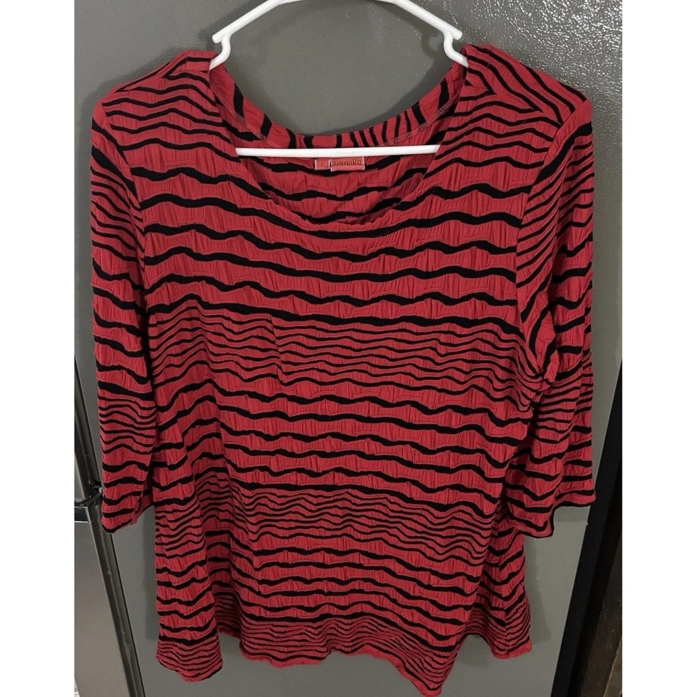 Tianello Women's Large‎ Shirt Red Black Stripe Knit Bold Mod Cozy Scandi Travel